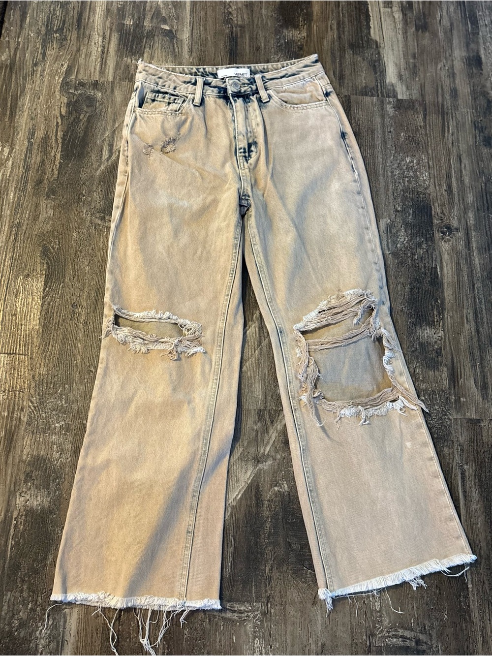 Vervet High-Rise Distressed Wide-Leg Jeans in Light Beige